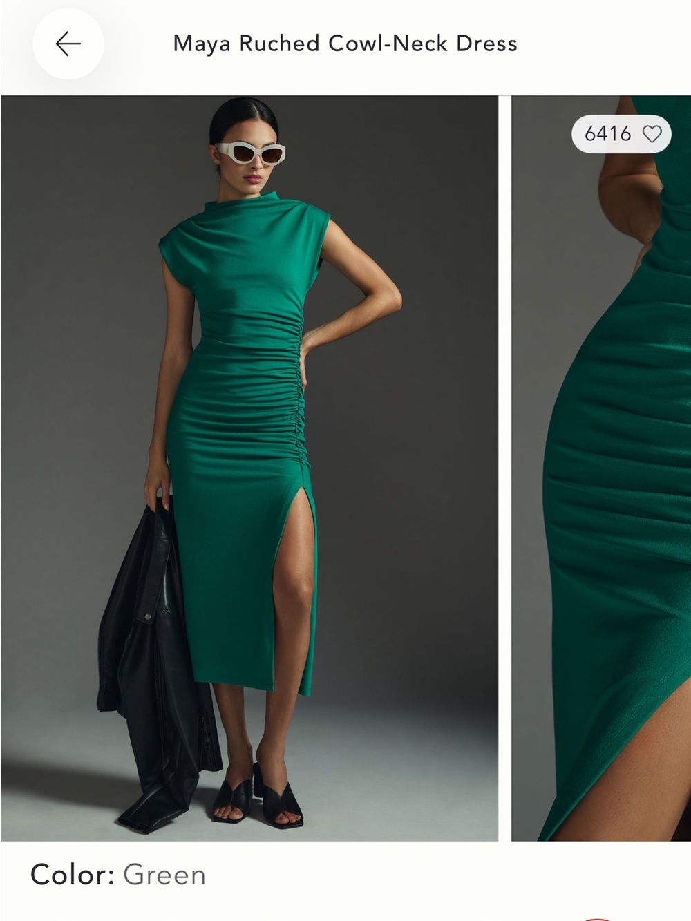 Maya Emerald Green Ruched Cowl-Neck Midi Dress